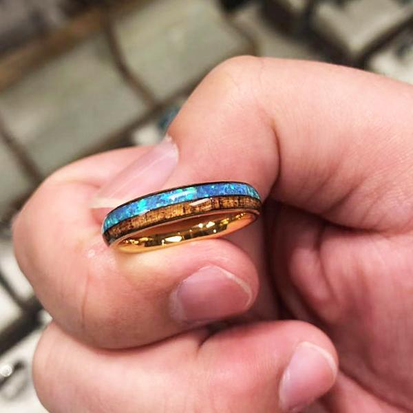 4mm Yellow Gold Tungsten Opal Hawaiian Koa Wood Ring Double Row Two Tone Dome Shape